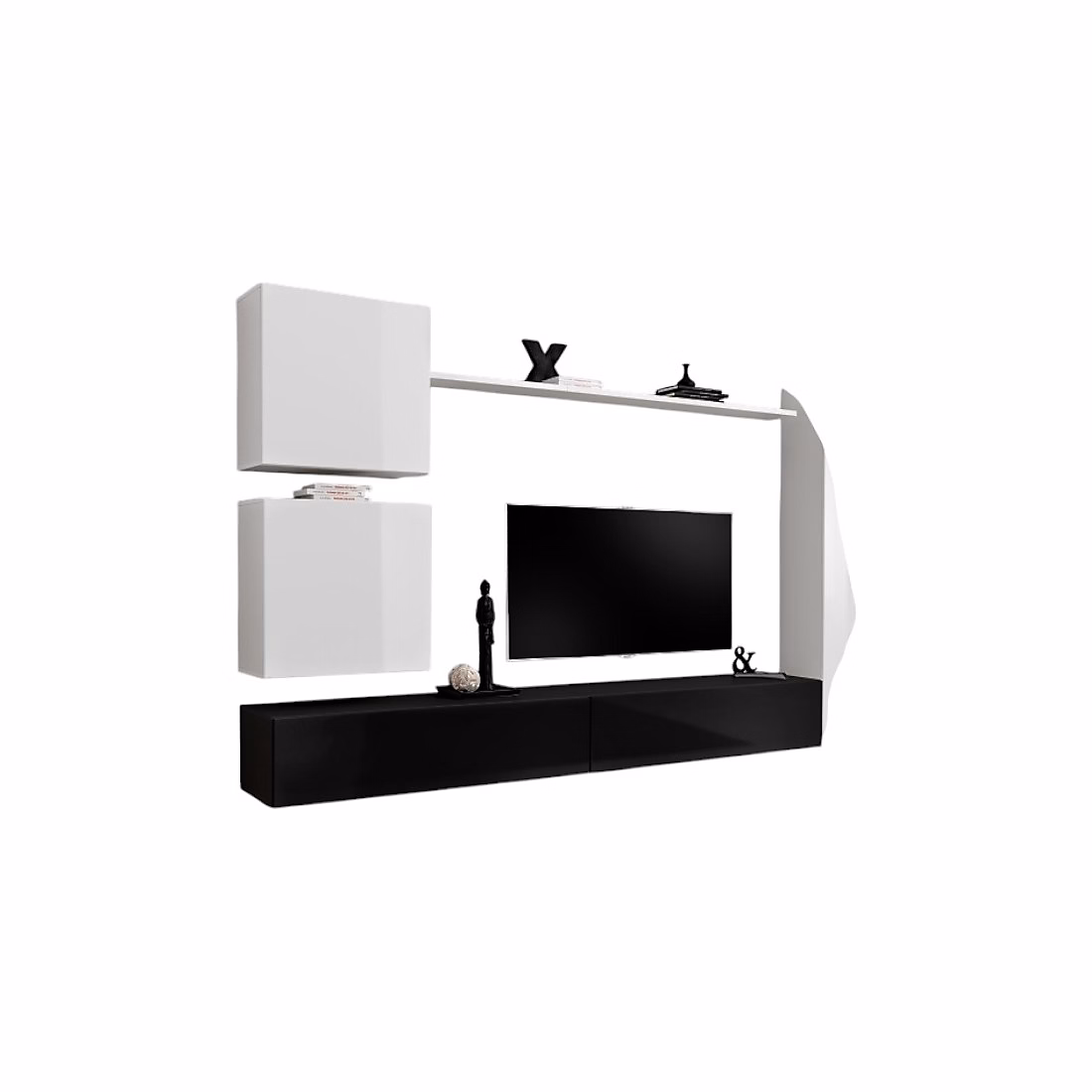 Composition murale SWITCH VIII Meuble TV mural – colonne et cubes suspendus Noir et blanc brillant Design moderne