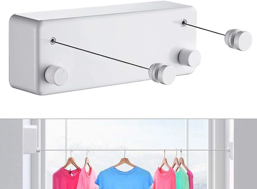 CODEKEY 2 fils à linge de 4 | 2 m Corde à linge rétractable pour intérieur et extérieur – Robuste – en acier inoxydable – fixation mu