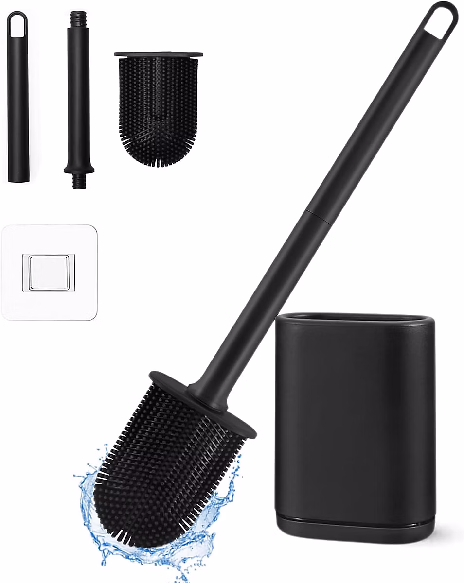 Accessoire WC – Brosse WC Silicone Noire avec Support Mural et Sol