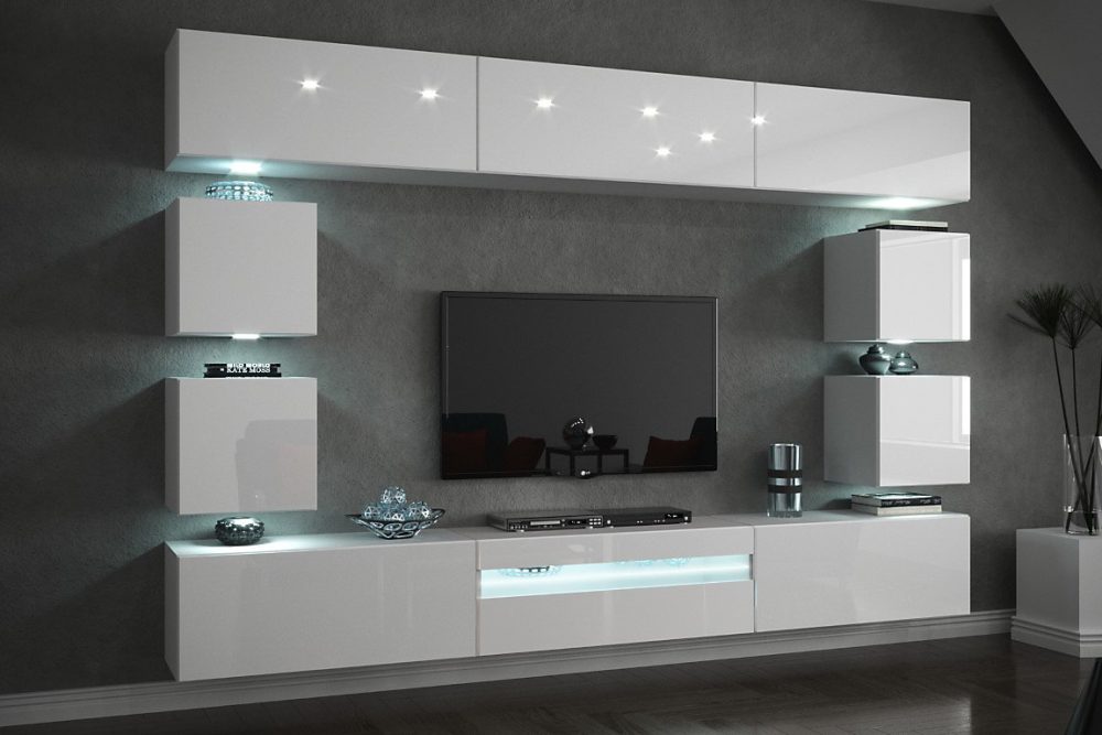 Ensemble meuble TV CONCEPT C81 | 18W – HG2 – 1B blanc brillant 273 cm