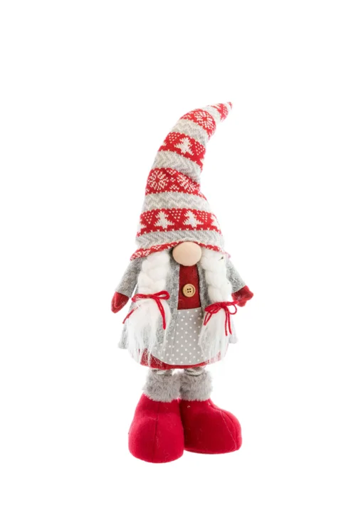 Gnome fille debout traditionnelle télescopique en tissu rouge et gris avec chaussons - 20 x 11 x 79 cm