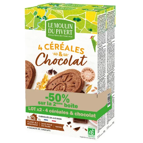 Lot de biscuits p'tit dej chocolat bio Le Moulin du Pivert - 2 x 190 g (50% sur le 2ème)