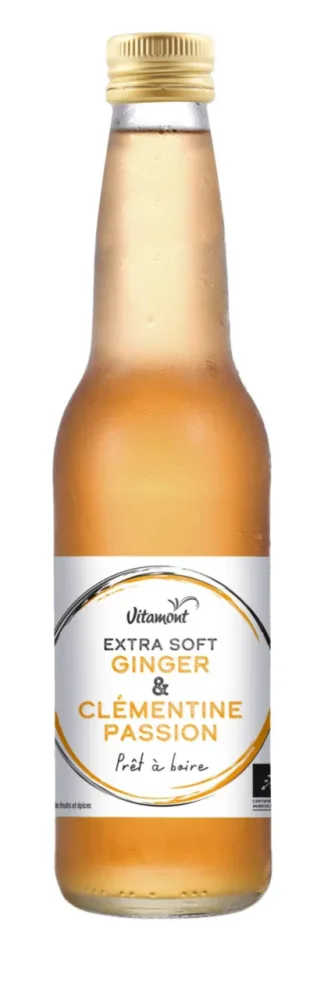 Boisson Extra Soft Ginger clémentine fruit de la passion Bio en bouteille de verre Vitamont - 33 cl