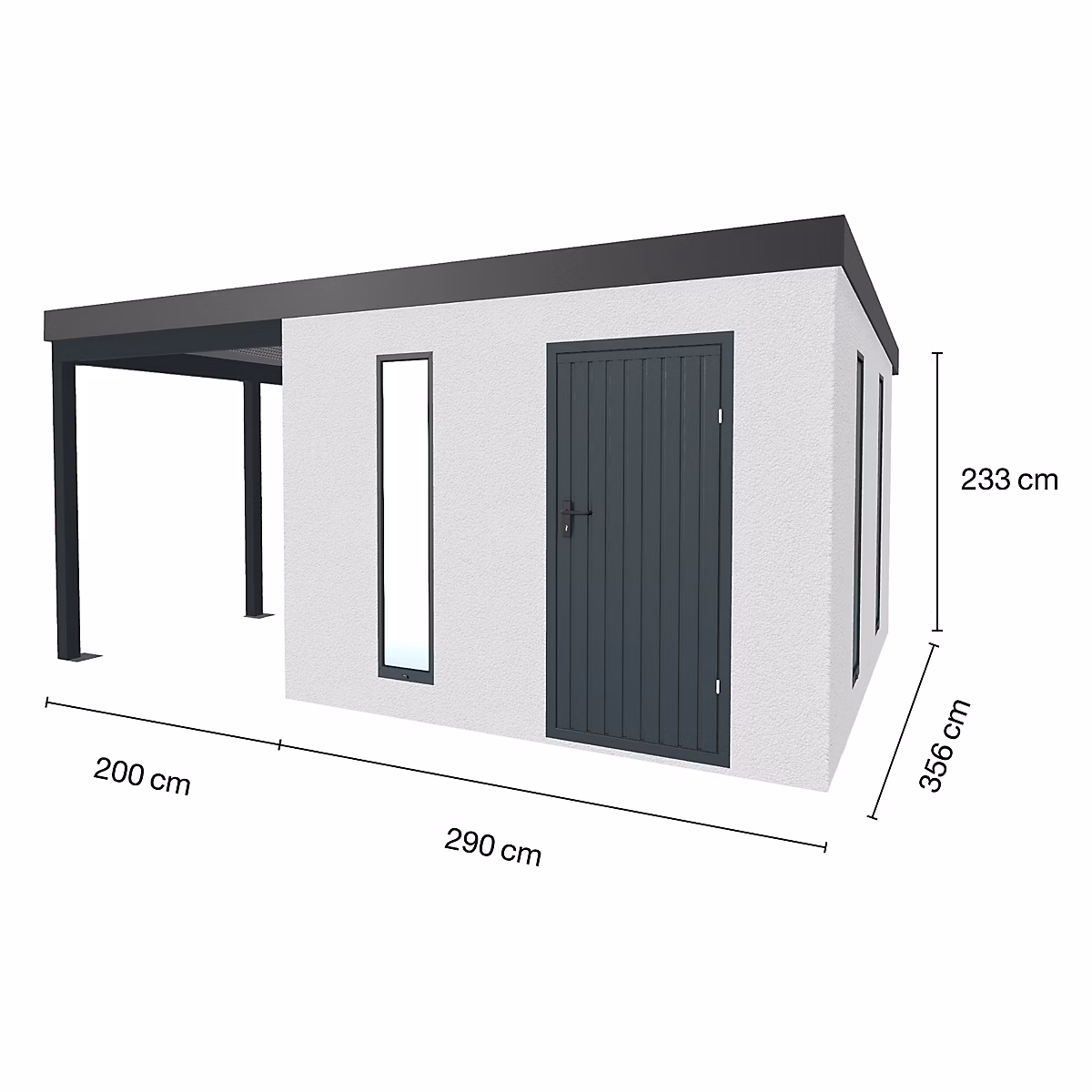 Abri de jardin en métal finition crépi 2900 × 3560 mm blanc avec auvent à gauche 2000 × 3560 mm anthracite