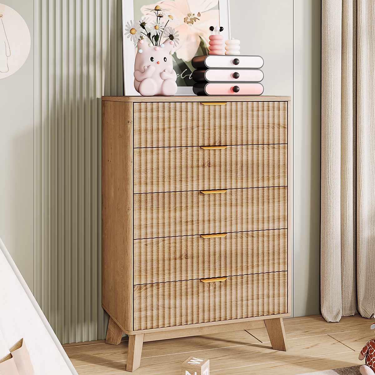 Commode 5 Tiroirs Bois Naturel avec Grande Capacité | Sécurisée Anti – basculement – Poignées Métal Élégantes – Pieds en Bois Massif
