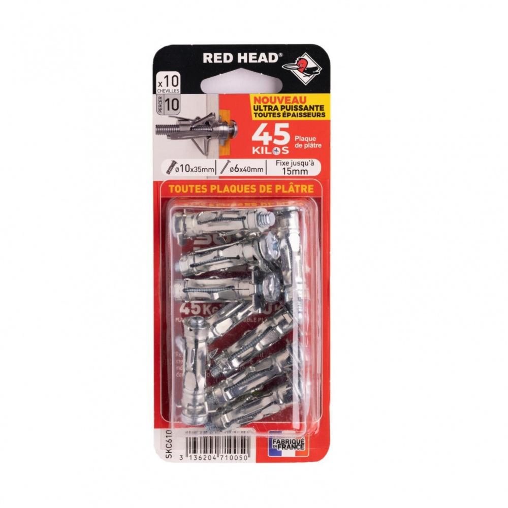 RED HEAD Lot de 10 chevilles Diam. 10 x L.35 mm et vis a expansion RED HEAD, Diam. 6 x L.340 mm – Matériel de jardin