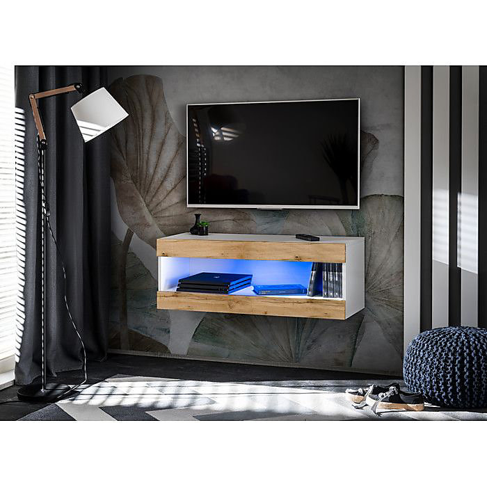 Banc TV Komodee TIVOLI RTV2 – LED Bleues, Espace ouvert Blanc Wotan 35 × 100 × 36 cm