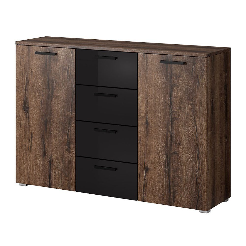 Commode design 2 portes et 4 tiroirs 130cm. Collection FLOYD coloris chene foncé et noir brillant – Réf. IBSFRFAJQ6781147402