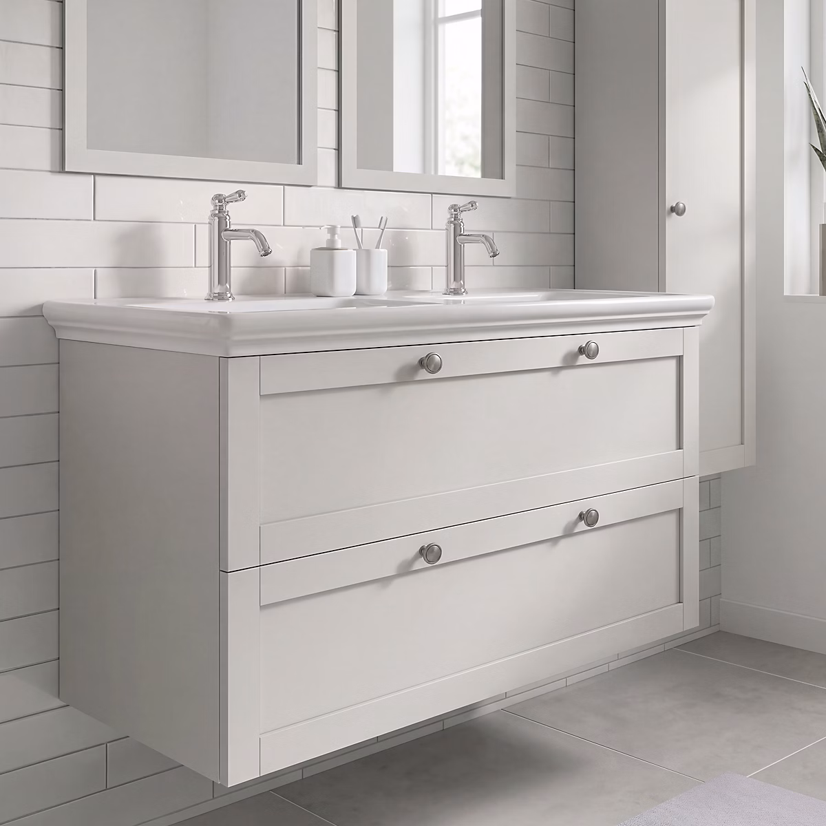 Meuble sous vasque suspendu taupe l.120 cm 2 tiroirs Imandra + plan double vasque blanc céramique Endell – GoodHome