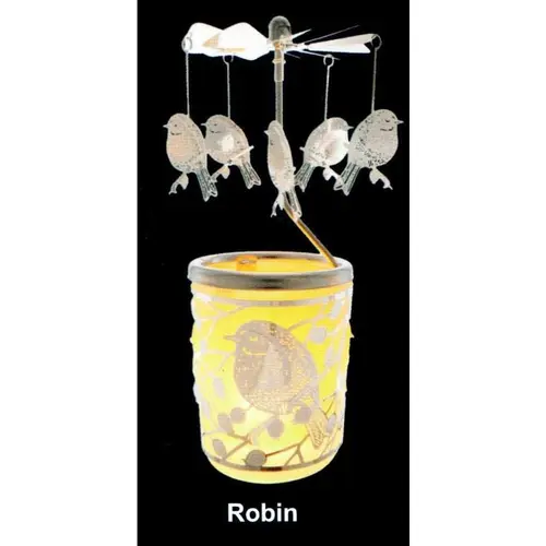 Carrousel photophore en métal argenté avec oiseaux - H 12 cm