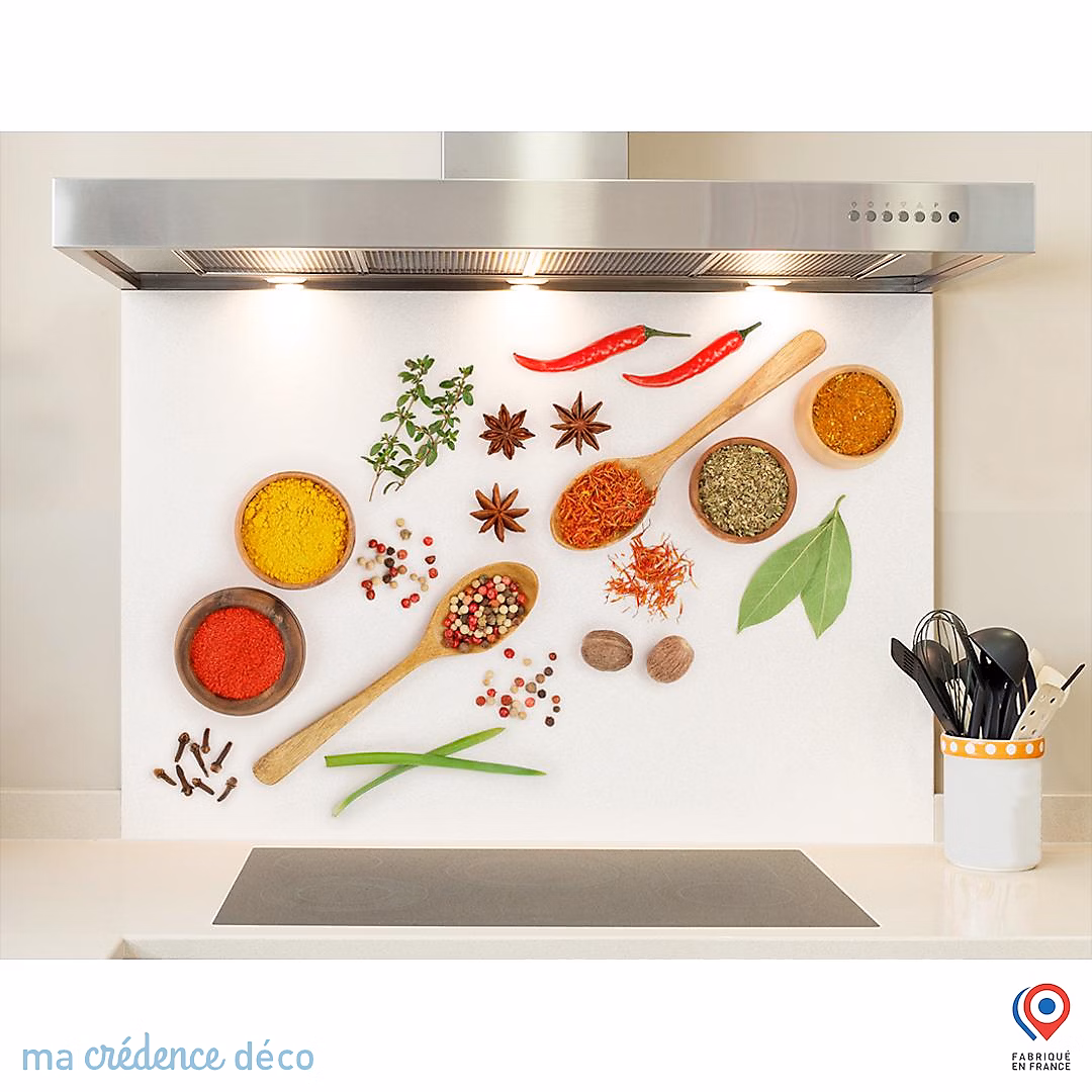Crédence cuisine fond de hotte Epices et cuillères bois 2 – Verre trempé, L 70 cm x H 60 cm