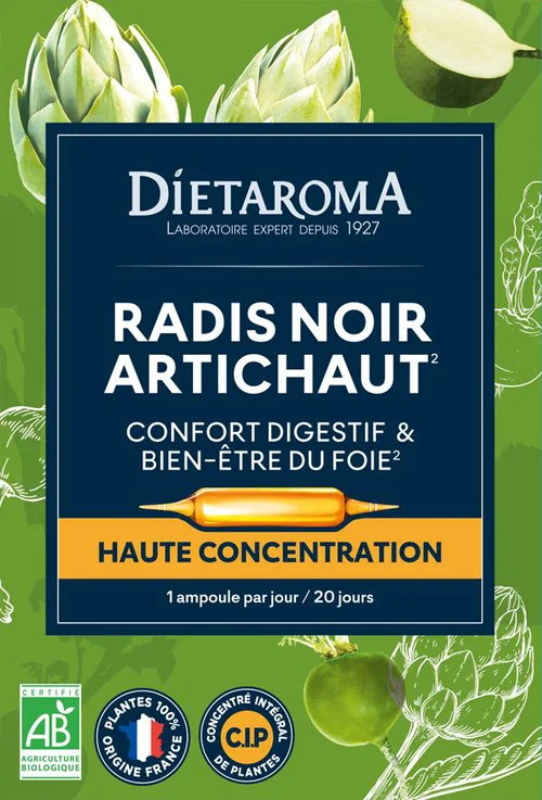Complément alimentaire radis noir, artichaut CIP bio Dietaroma confort digestif et bien-être du foie - 20 ampoules x 10 ml