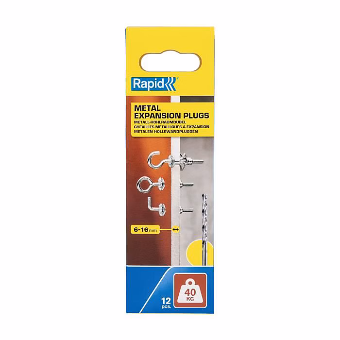 Chevilles à Expansion – RAPID, Métal pour Cloison Plâtre 6, 16mm, Lot 12 Vis Crochet Mural, Charge Max 40 kg, (5001557)
