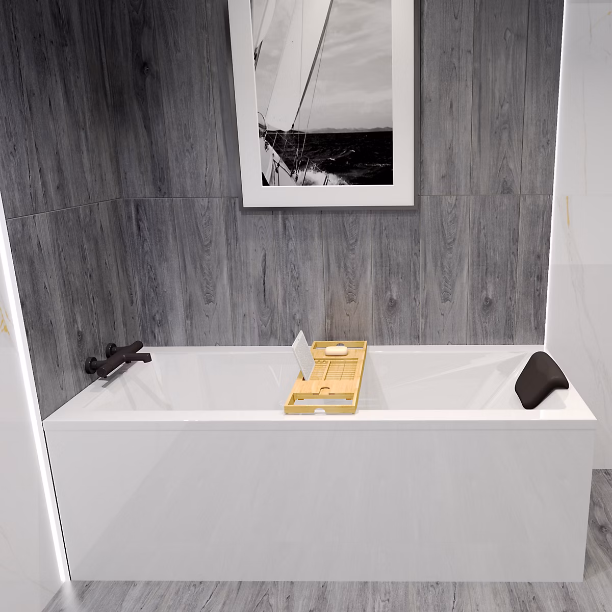 Baignoire rectangulaire 150 × 70 MODERN acrylique blanc – sans Habillage + Repose Tête + Étagère bambou + Pieds + Vidage à chromé