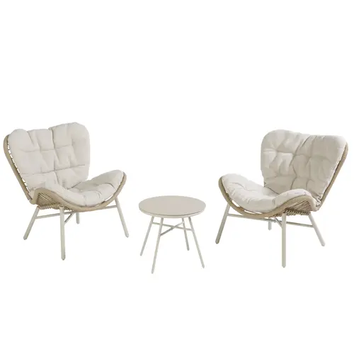 Salon de jardin en acier et résine tressée coloris beige Hosta II - 3 éléments (table basse et deux fauteuils)
