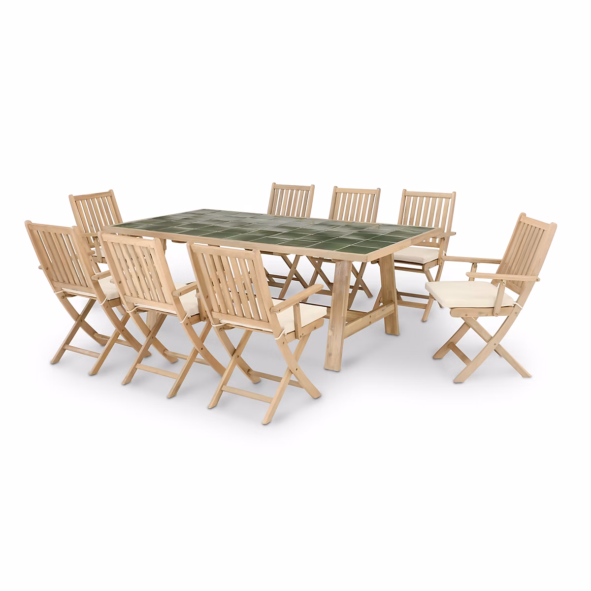 Ensemble repas jardin table en bois et céramique verte 200 × 100 + 8 chaises avec accoudoirs avec coussins – Java Light