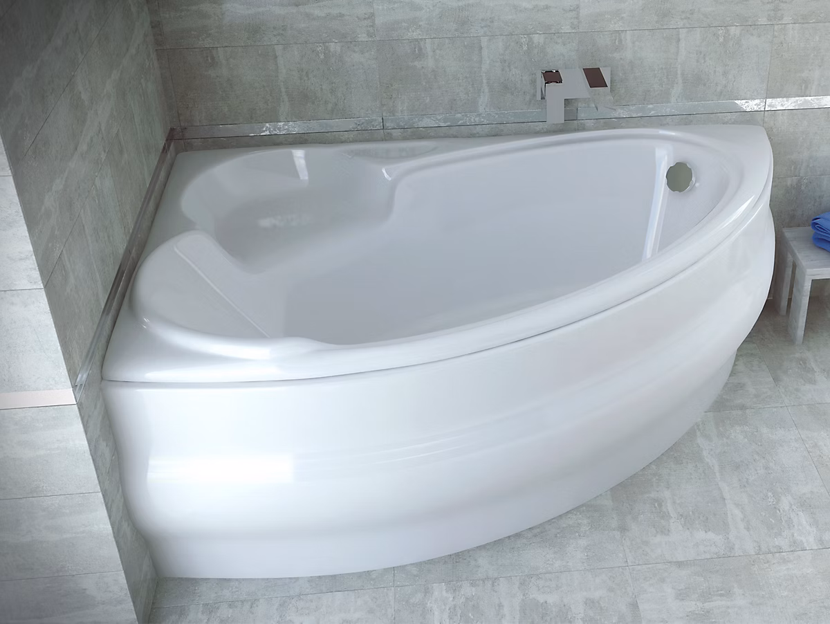 Baignoire asymétrique 155 × 95 Gauche FINEZJA acrylique blanc + avec Tablier + Pieds + Vidage à chromé