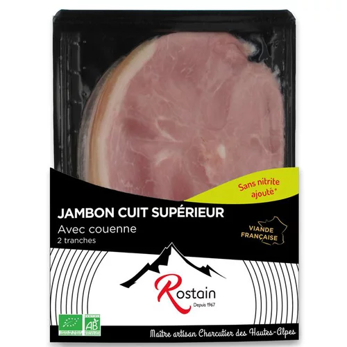 Jambon cuit supérieur bio avec couenne en barquette de 90 g