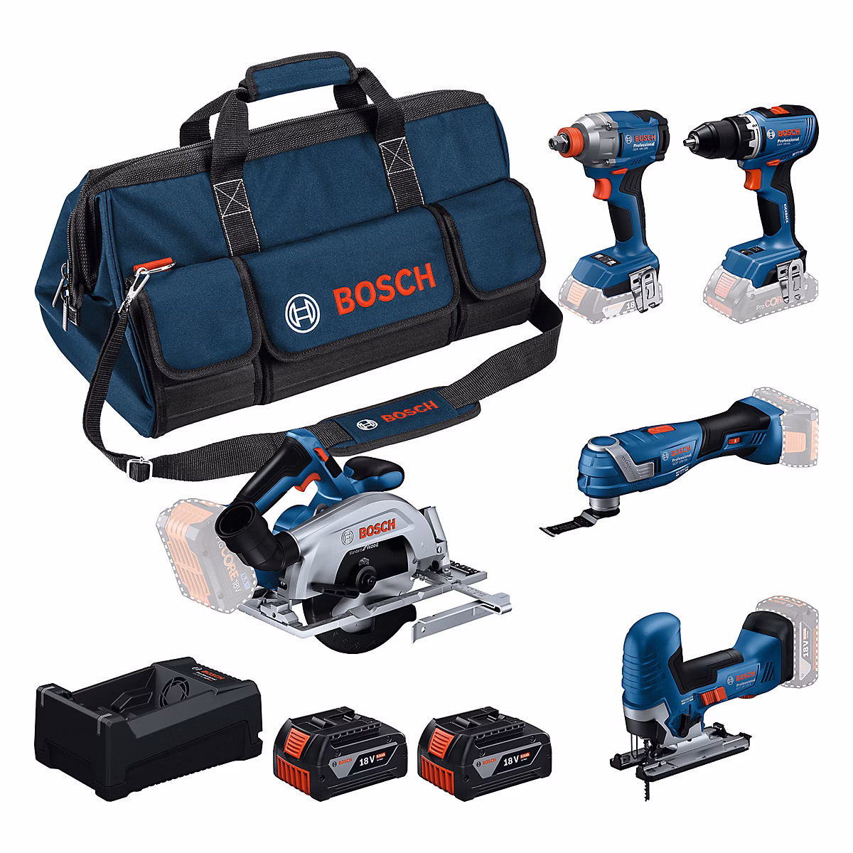 5 outils Bosch Professional 18 V : GSR 18V – 65 + GDX 18V, 285 + GKS 18V, 57, 2 + GOP 18V, 34 + GST 18V, 125 S + 2x 5.0Ah + GAL 12V, 18V, 80 / 0615A500BV