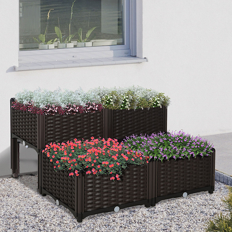 bac à fleurs carré 40 × 40 × 44 cm effet rotin avec trou de drainage en PP marron
