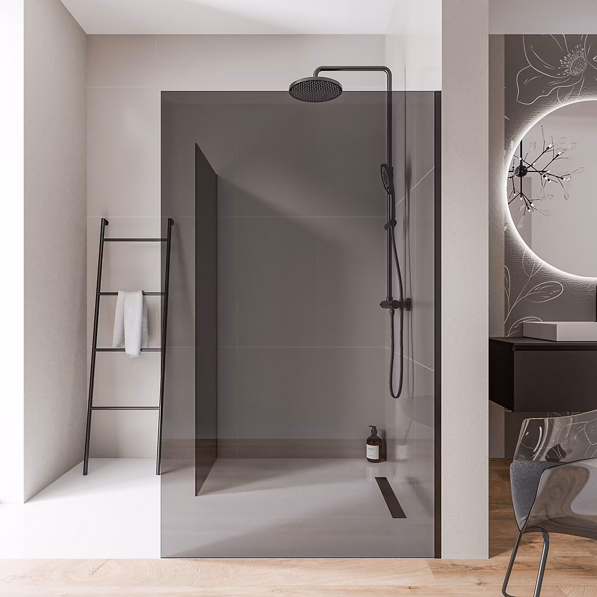 2 Parois de douche italienne d'angle 100 × 200cm + 80cm – verre fumé NANO 10mm, profilé mural inox noir mat, sans profilé sol, EX102