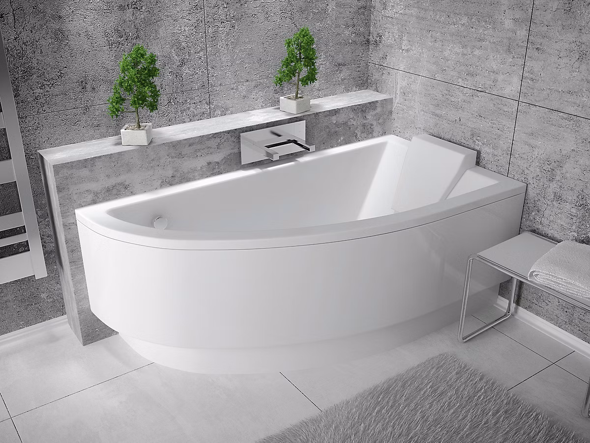 Baignoire asymétrique 140 × 70 Droite PRAKTIKA acrylique blanc + avec Tablier + Pieds + Vidage à chromé