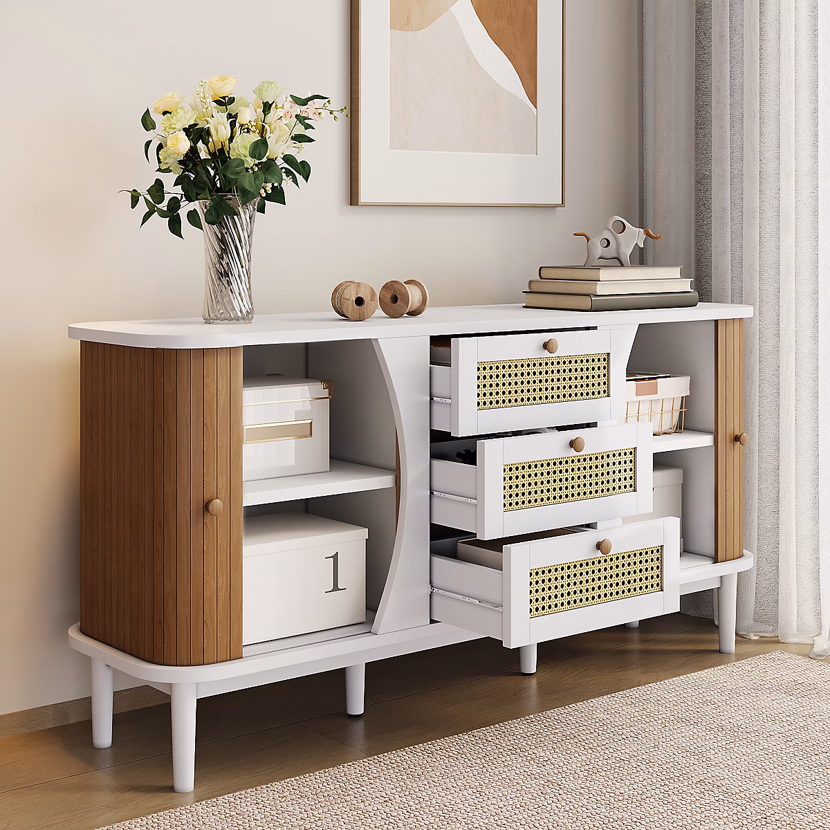 Buffet 140 – 5 cm blanc et bois avec tiroirs en rotin et étagères réglables
