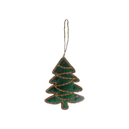 Décoration à suspendre sapin en velours vert et or - 8 x 19 cm