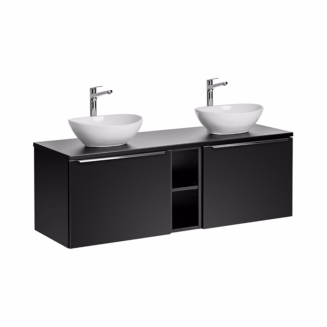 Ensemble de salle de bain VANTA : meubles sous vasque 140cm et plan pour vasque et 2 vasques blanches à poser – Réf. WGOSJRXSE7703272833