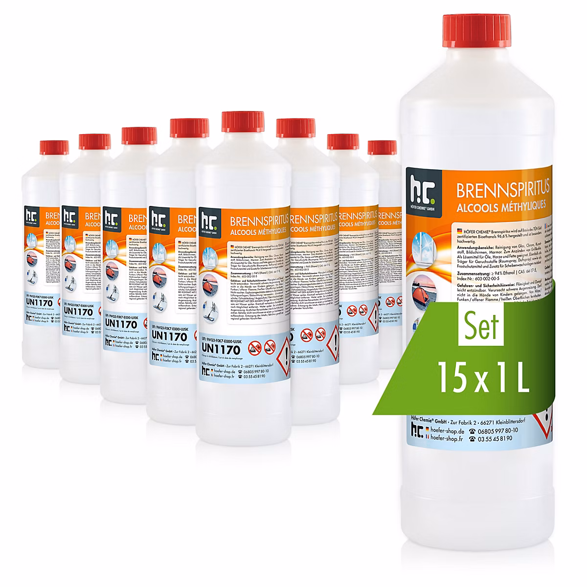 Alcool À Brûler 94 % 15 x 1 L – Haute Pureté Pour Nettoyage, Dégraissage Et Antigel Des Vitres Et Surfaces Domestiques