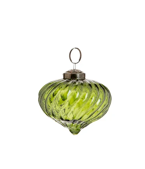 Suspension boule décorative goutte striée coloris vert en métal - Ø 7,5 cm