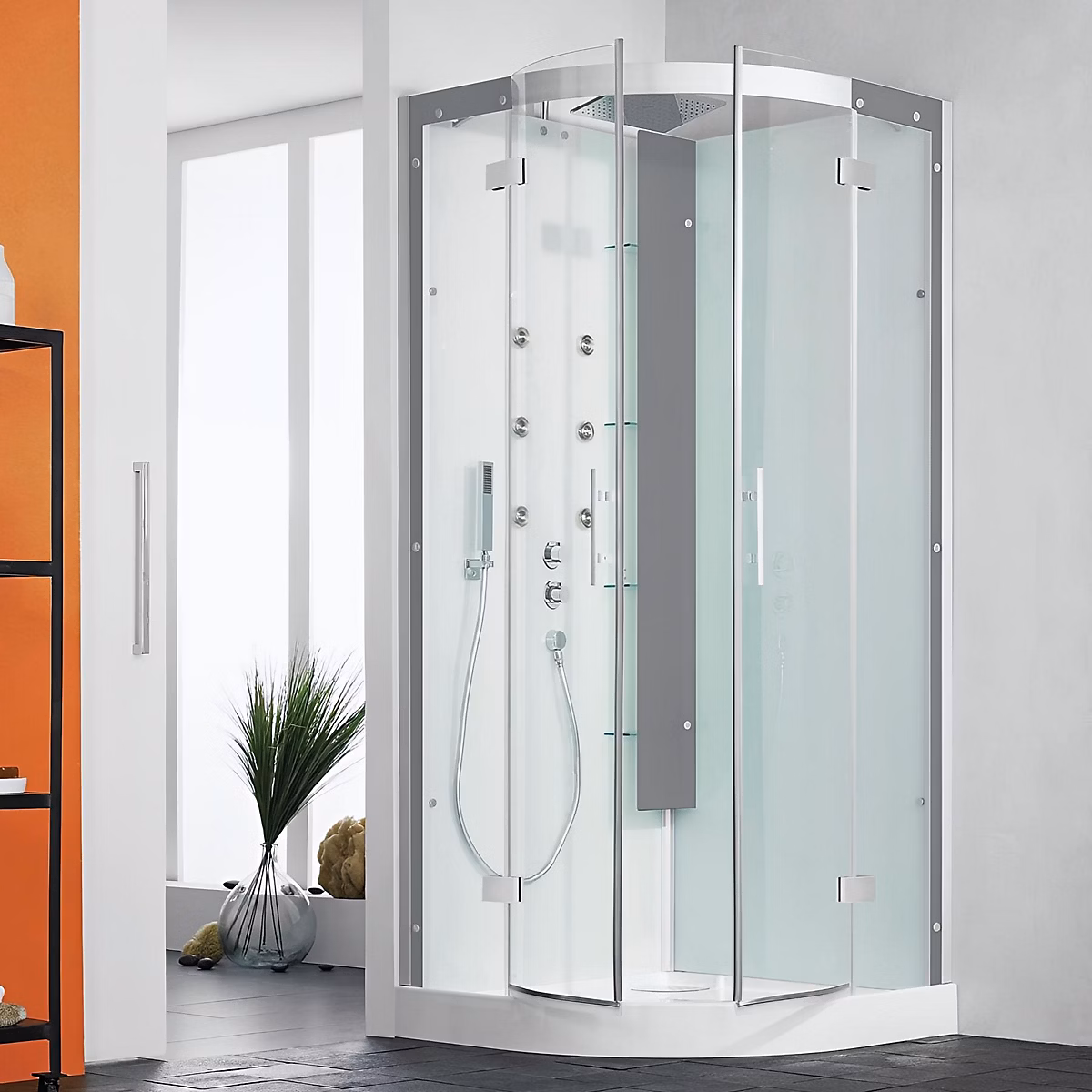 Cabine de douche hydromassante KINEDO HORIZON 90 × 90 1/4 de rond hauteur receveur 12 – 5cm 2 portes pivotantes finition acier