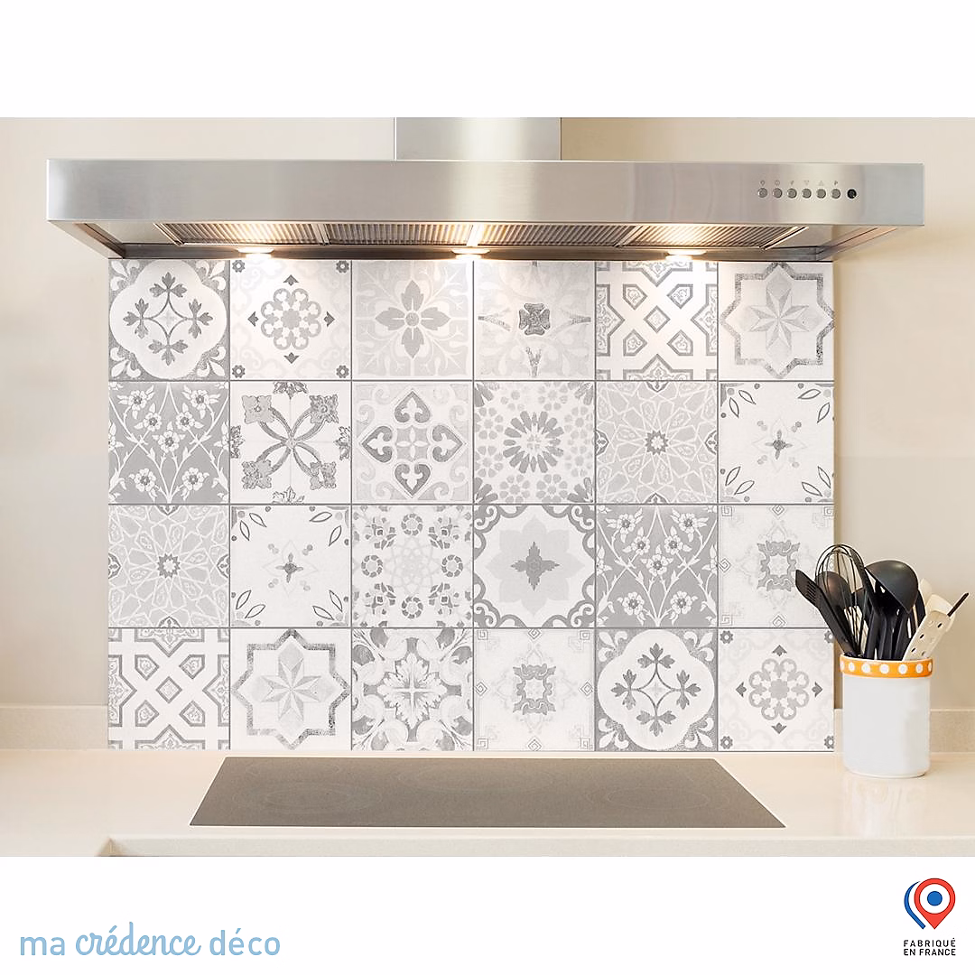 Crédence cuisine fond de hotte Carreaux ciments antique gris – Verre trempé, L 60 cm x H 45 cm, MaCrédenceDéco
