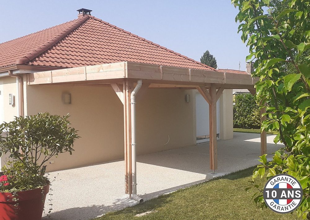 Carport adossé toit plat 350cmx500cm | bois DOUGLAS Français (Charpente en bois – auvent – abri voiture) 18 m². Garantie 10 ans