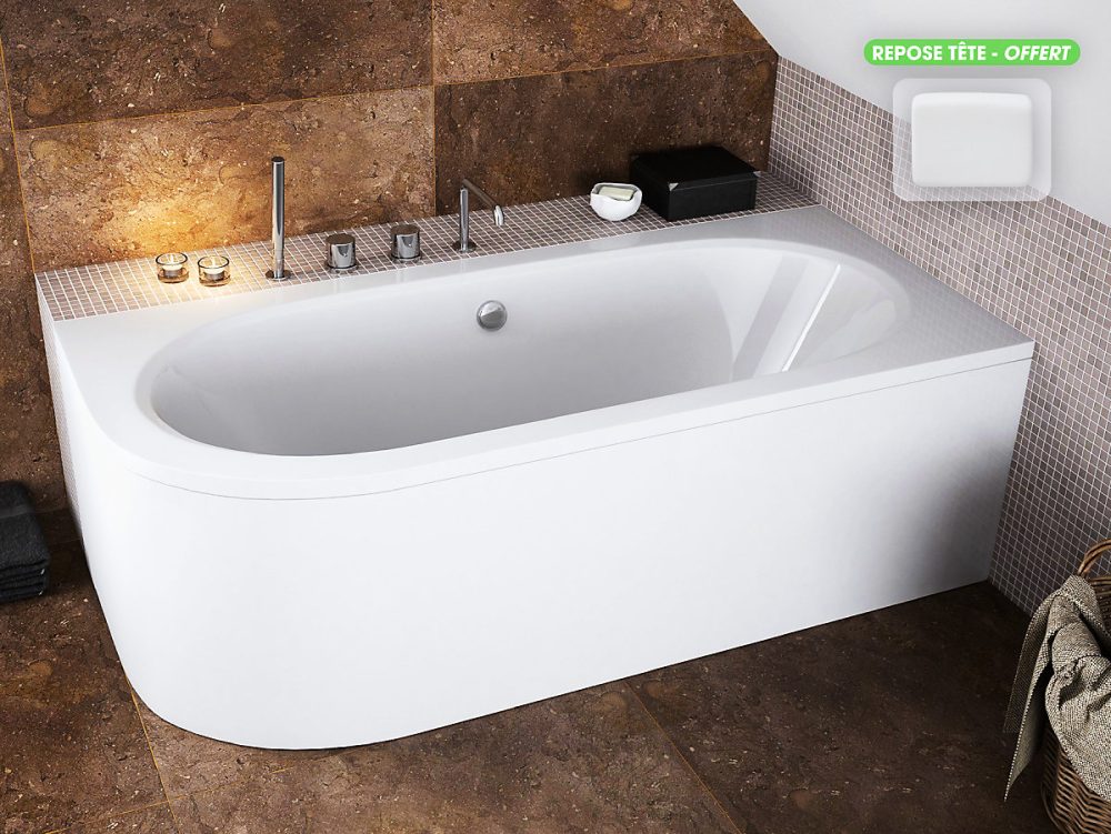 Baignoire d'angle – avec tablier blanc et repose tête offert, AVITA, 150 × 75 cm, Droite