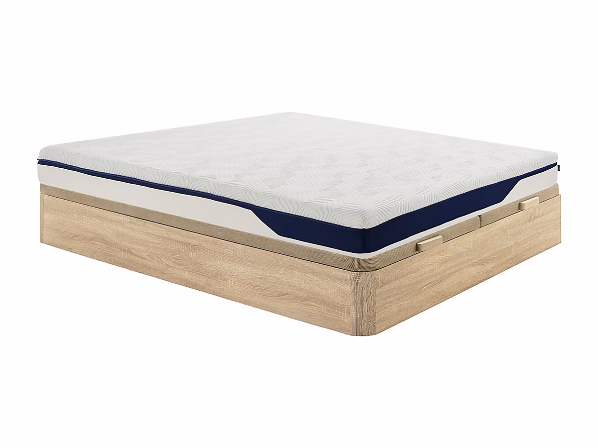 Ensemble 180 × 200 cm sommier coffre naturel clair + matelas mousse HD 7 zones et gel à mémoire de forme déhoussable ép.22cm