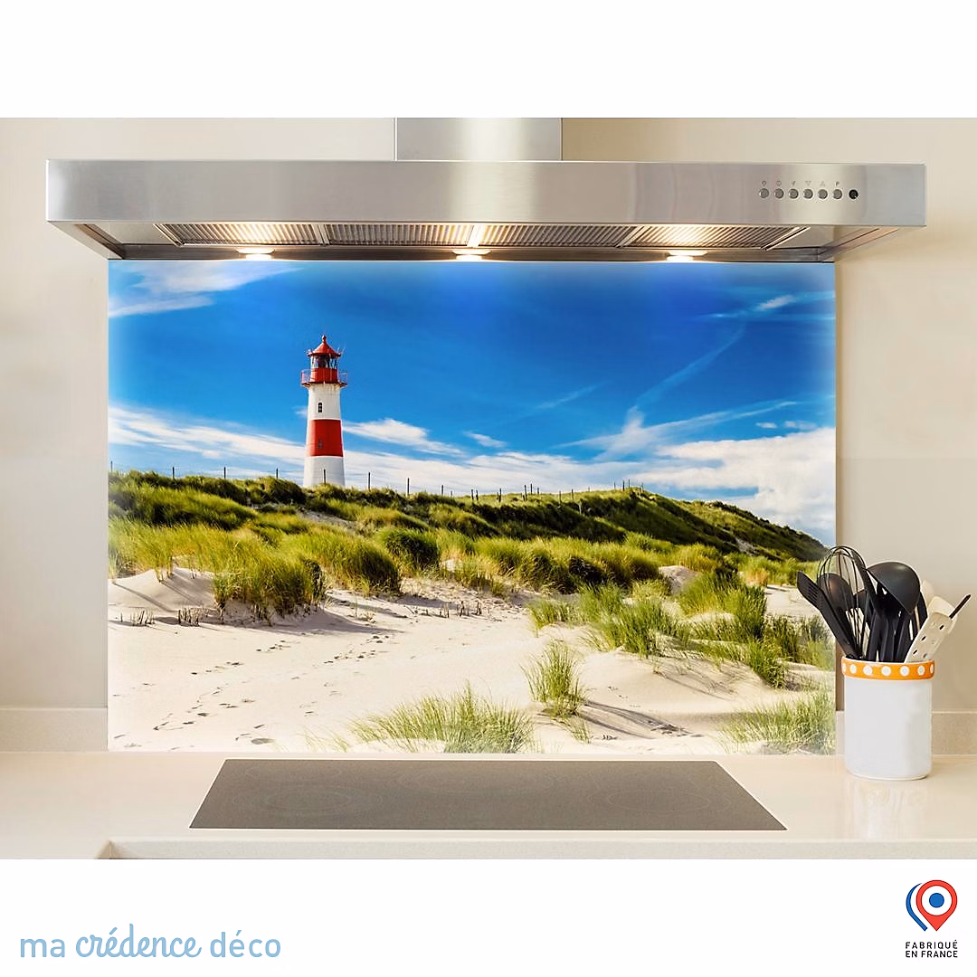 Crédence cuisine fond de hotte Phare et dunes – Verre trempé, L 90 cm x H 70 cm, MaCrédenceDéco