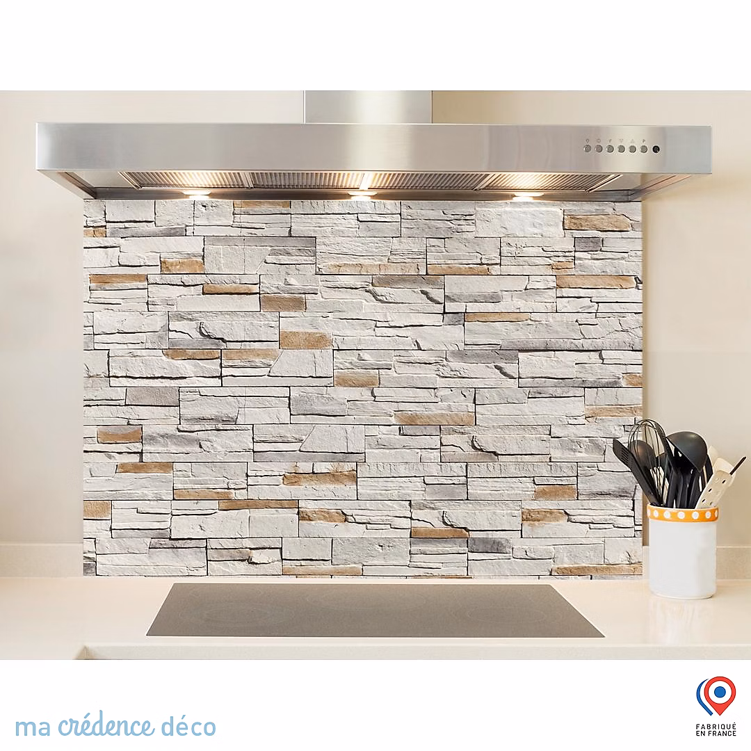 Crédence cuisine fond de hotte Mur pierre douce | Alu composite – L 90 cm x H 50 cm – MaCrédenceDéco