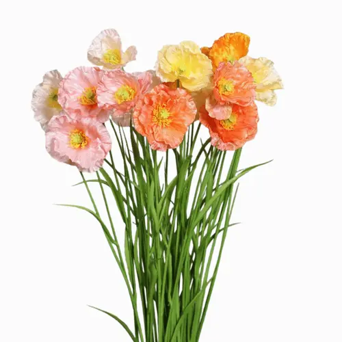Tige de pavot artificiel 3 fleurs colorées et herbe - 68 cm