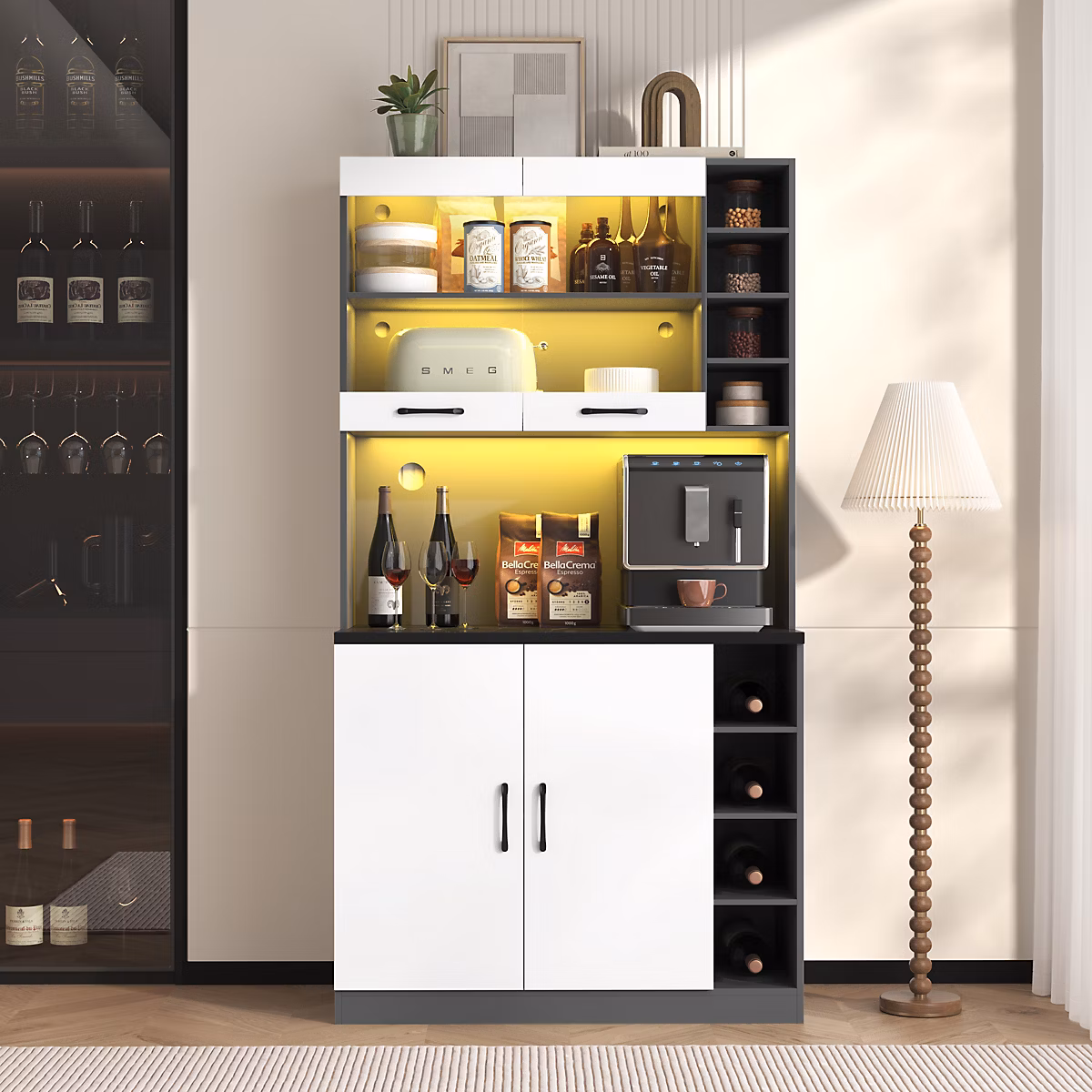Buffet de cuisine 100 cm en MDF blanc et gris avec LED et niche micro-ondes – Réf. LCZYOEPZH1888740901