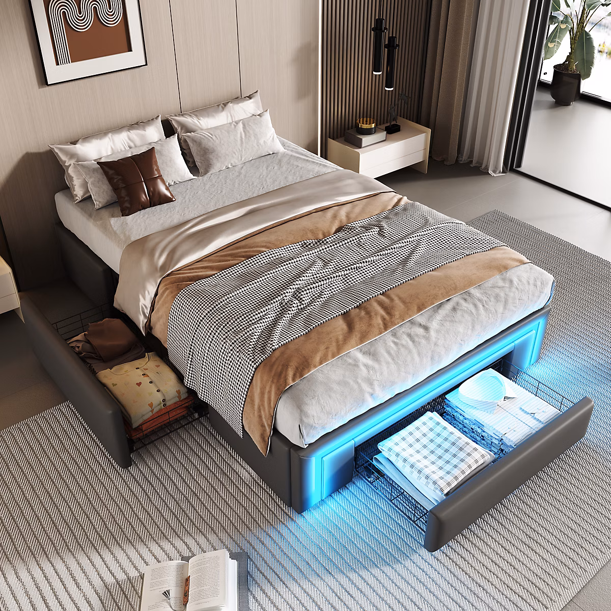Cadre de lit 90 × 200cm sans tête | LED – PU – plateforme métal avec tiroirs – gris