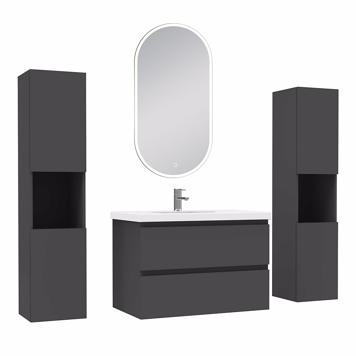 Ensemble meubles Salle de Bain 80cm colonne + vasque + miroir lumineux Anthracite – Réf. YHGDVRMFA7870477934