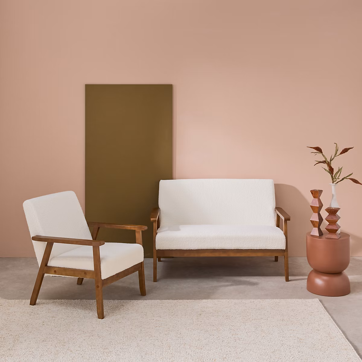 Canapé banquette 2 places et fauteuil tissu bouclette. pieds teinté noyer clair | Canapé