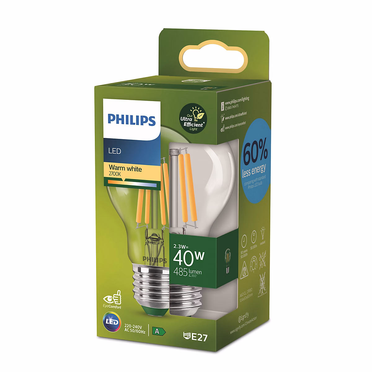 Ampoule LED E27 blanc chaud Philips Ultra Standard 485lm 2 – 3W=40W, Eco