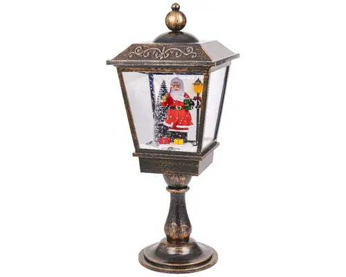 Lanterne coloris gris antique avec père Noël à LED blanc froid et effet neige tombante - 27 x 27 x 70 cm