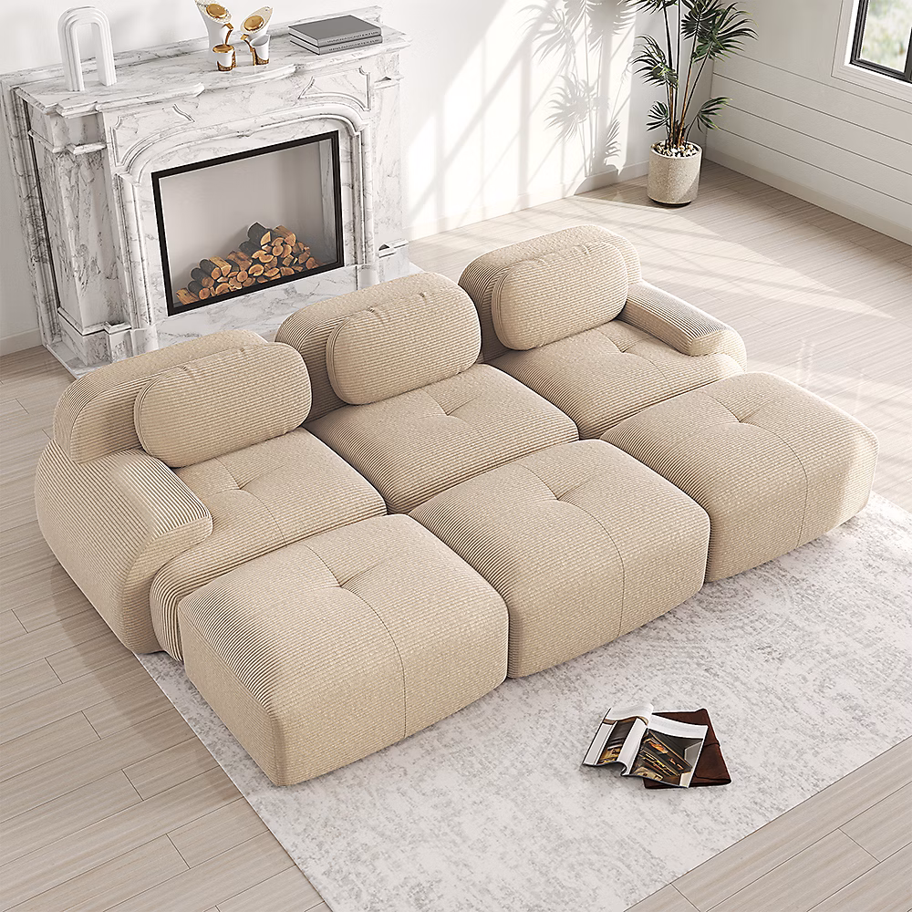 Canapé modulable 3 places avec poufs en velours côtelé – beige, accoudoirs ultra, larges, rembourrage élastique 32D, adapté aux animaux