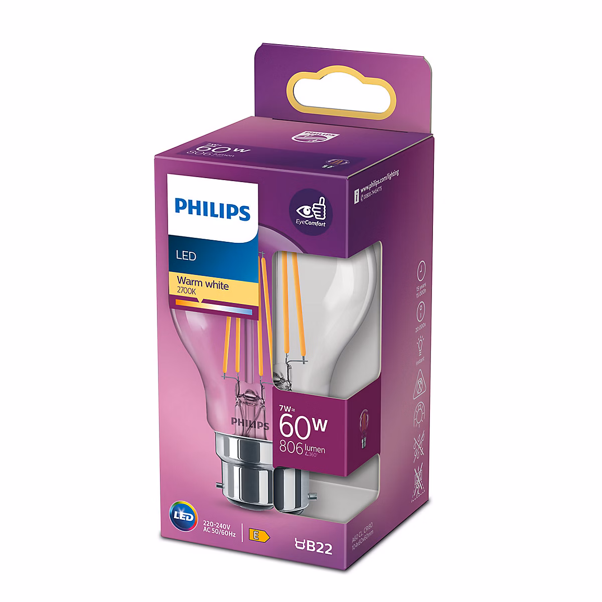 Ampoule LED B22 A60 transparent 806lm 7W = 60W IP20 blanc chaud Philips | Ampoule