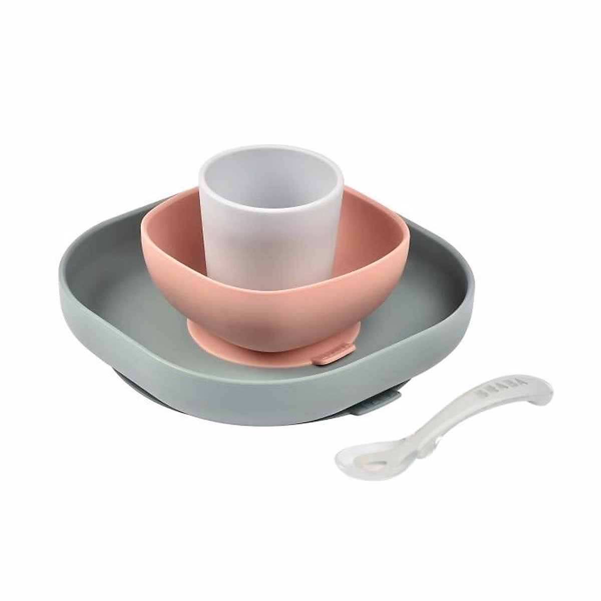 Vaisselle – Coffret repas silicone BEABA 4 pieces avec ventouses rose mat