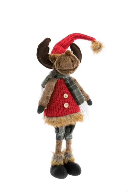 Renne debout fille en tissu avec jupe tartan rouge traditionnel - 22 x 20 x 70 cm