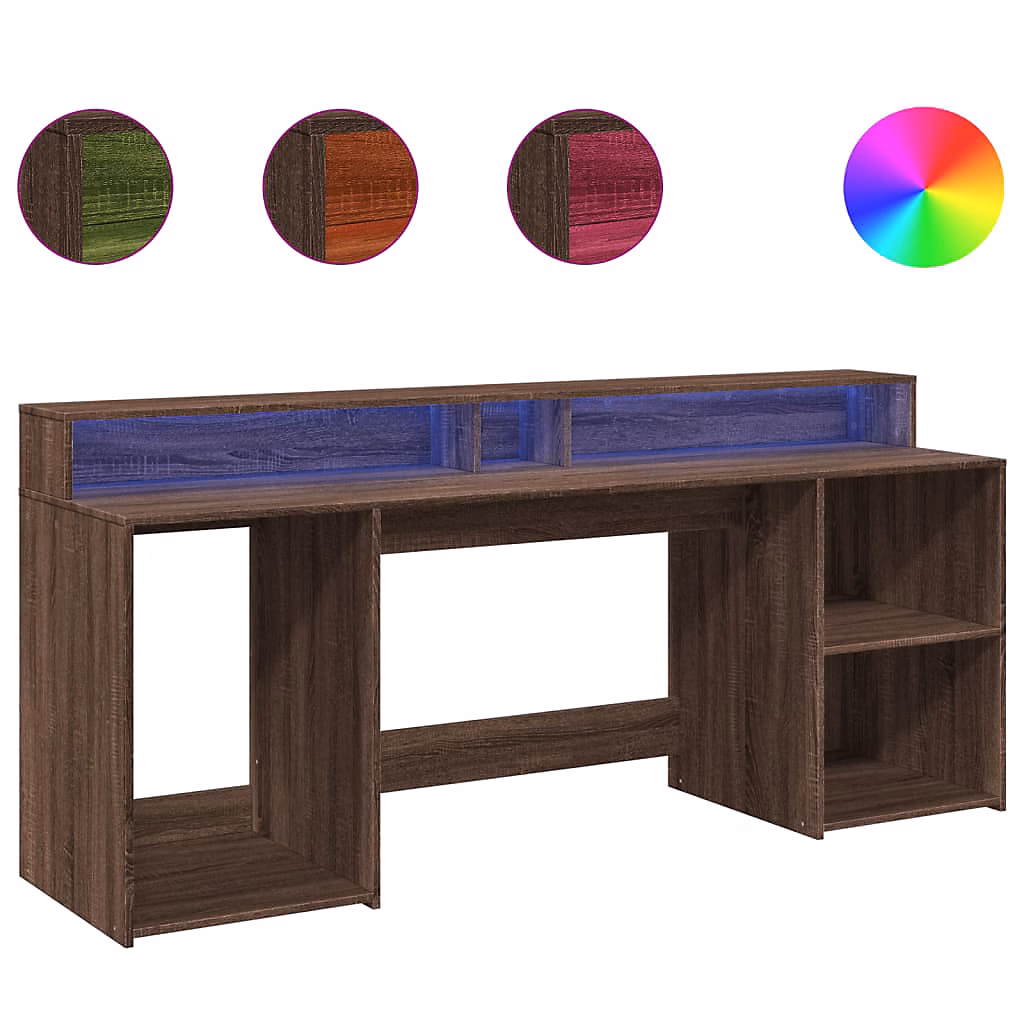 Aménagement bureau – Bureau et lumières LED chêne marron bois d'ingénierie vidaXL